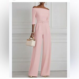 Fehaute Pink Off The Shoulder Half Sleeve Dressy Jumpsuit With Pockets | 6